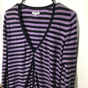 A cardigan button down v-neck striped sweater.